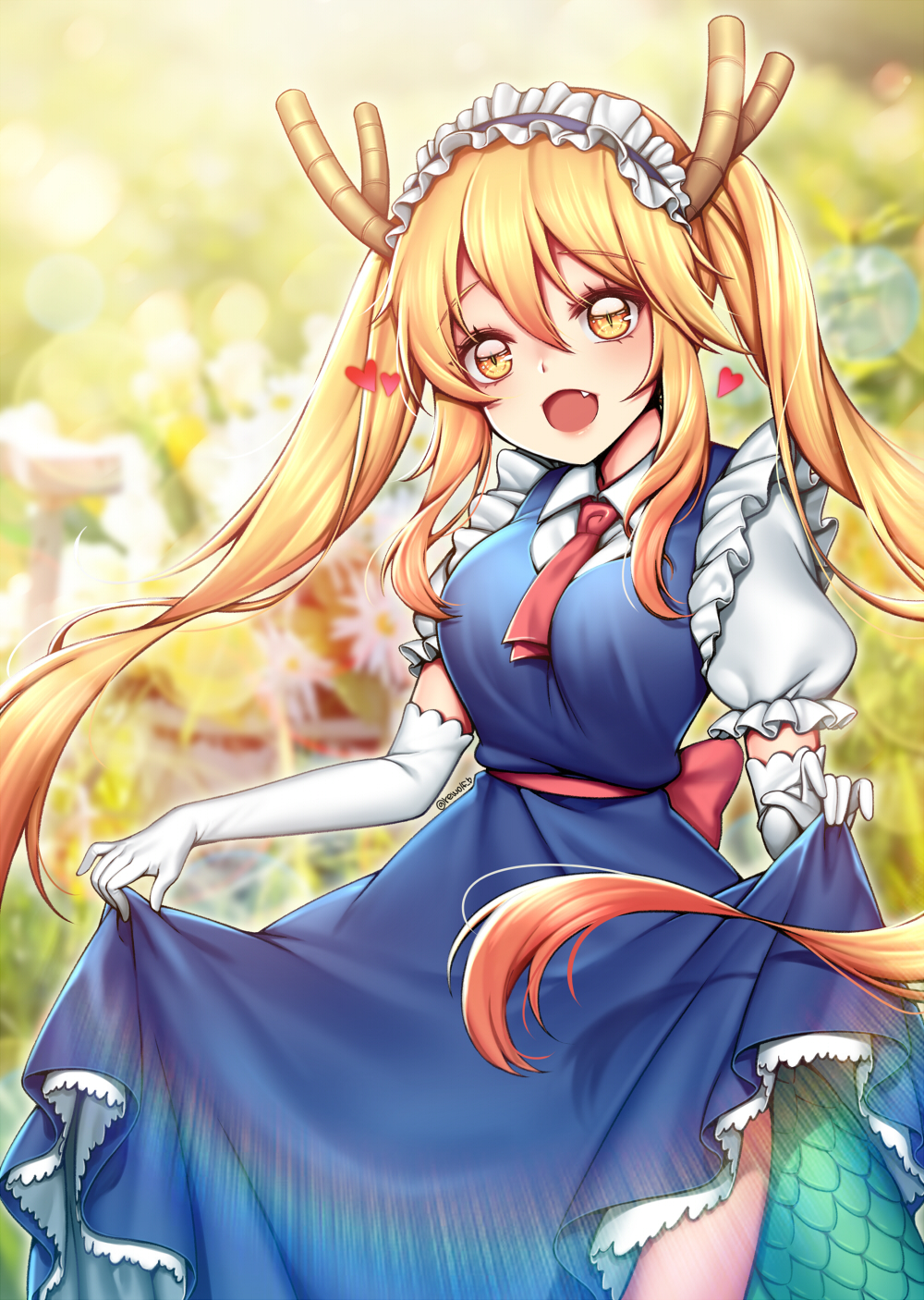 1girl, blonde_hair, dragon_girl, dragon_horns, dragon_tail, elbow_gloves, gloves, heart