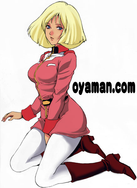 1girl, blonde_hair, blue_eyes, boots, breasts, gundam, military, military_uniform