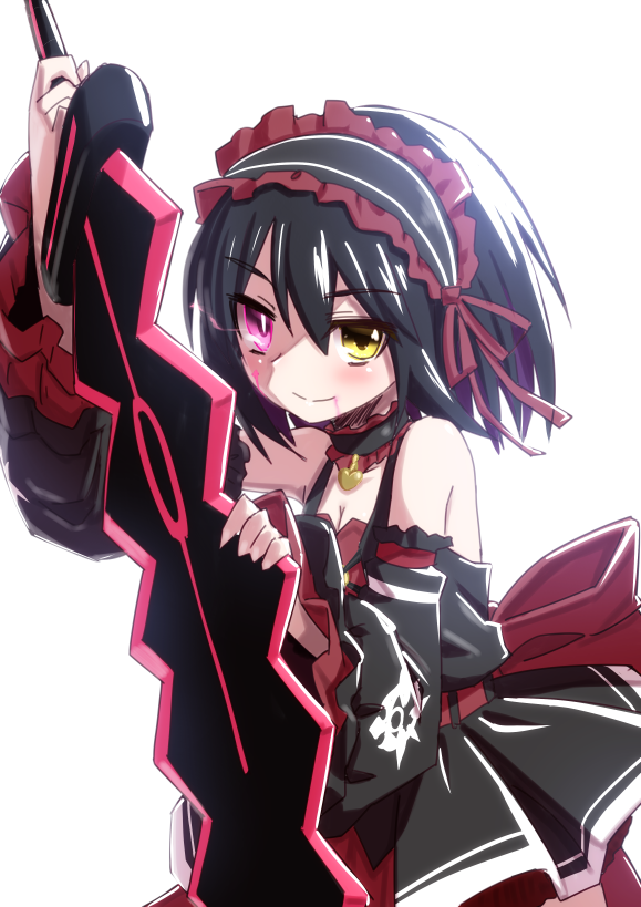 1girl, alice_(mary_skelter), bare_shoulders, black_hair, choker, gloves, hair_ornament, hairband