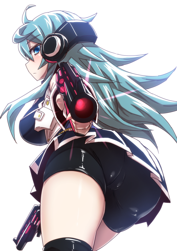1girl, alternate_costume, ass, blue_eyes, blue_hair, blush, flower, gun, handgun, headphones, mary_skelter, mizunashi_(second_run), pistol, rose, sleeping_beauty_(mary_skelter), solo, weapon
