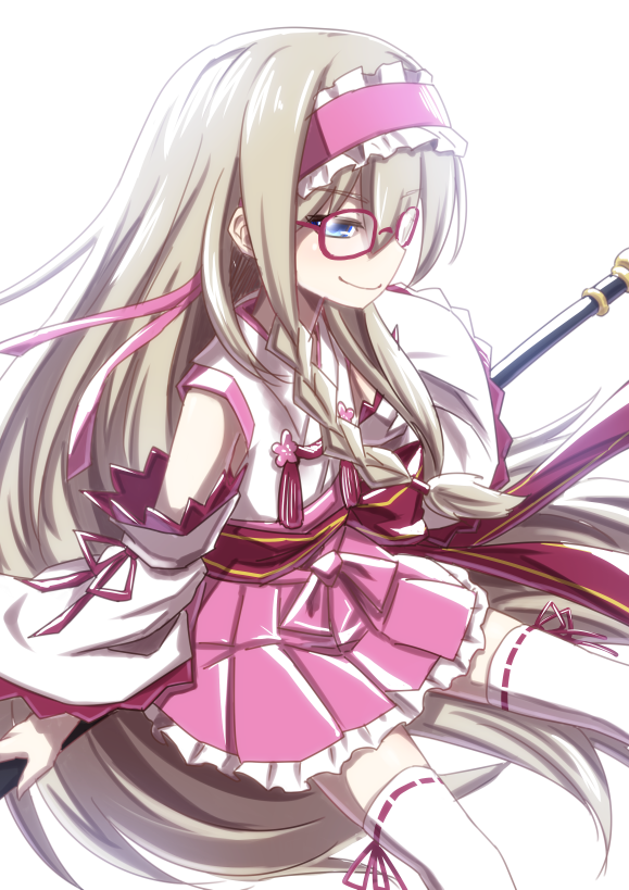 1girl, alternate_costume, bare_shoulders, blonde_hair, blue_eyes, blush, braid, detached_sleeves
