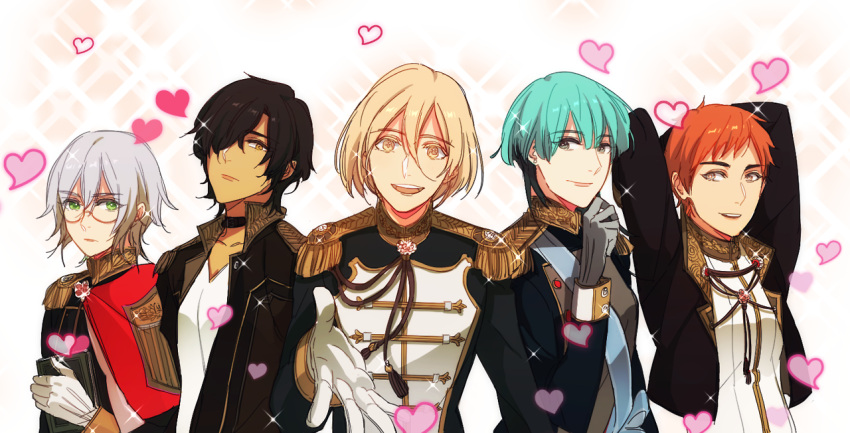 1boy, 4girls, :d, arms_behind_head, blonde_hair, blue_hair, book, capelet, collarbone, dark_skin, double-breasted, epaulettes, glasses, gloves, green_eyes, hair_between_eyes, heart, multiple_girls, open_mouth, orange_hair, original, outstretched_hand, reverse_trap, rosel-d, silver_hair, smile, sparkle, thick_eyebrows, yellow_eyes