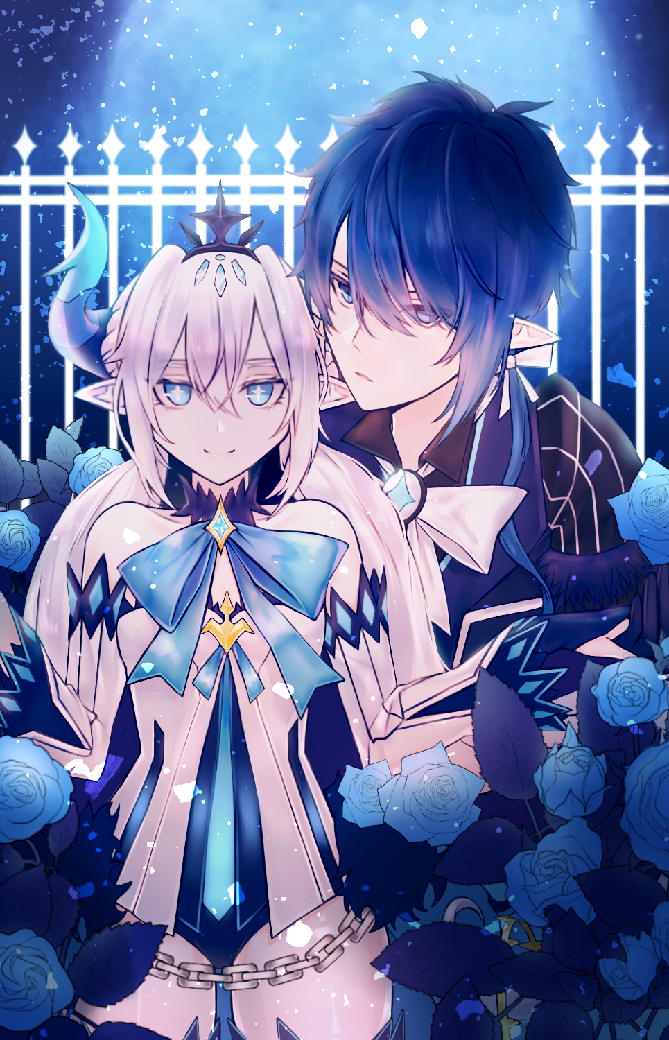 1boy, 1girl, arm_warmers, black_hair, blue, blue_bow, blue_eyes, blue_rose