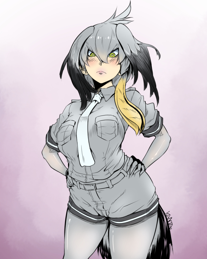 >:<, 1girl, breasts, closed_mouth, green_eyes, hands_on_hips, kanta_(k_n_t_r_o), kemono_friends