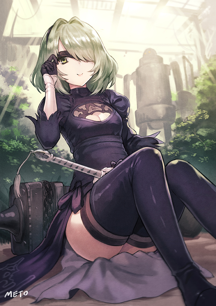 1girl, black_dress, black_gloves, black_legwear, blindfold, blindfold_lift, boots, breasts