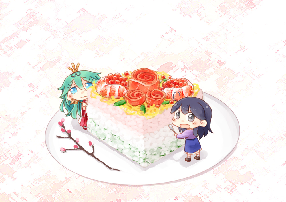 2girls, :3, :d, ahoge, alternate_costume, black_eyes, black_hair, blue_eyes