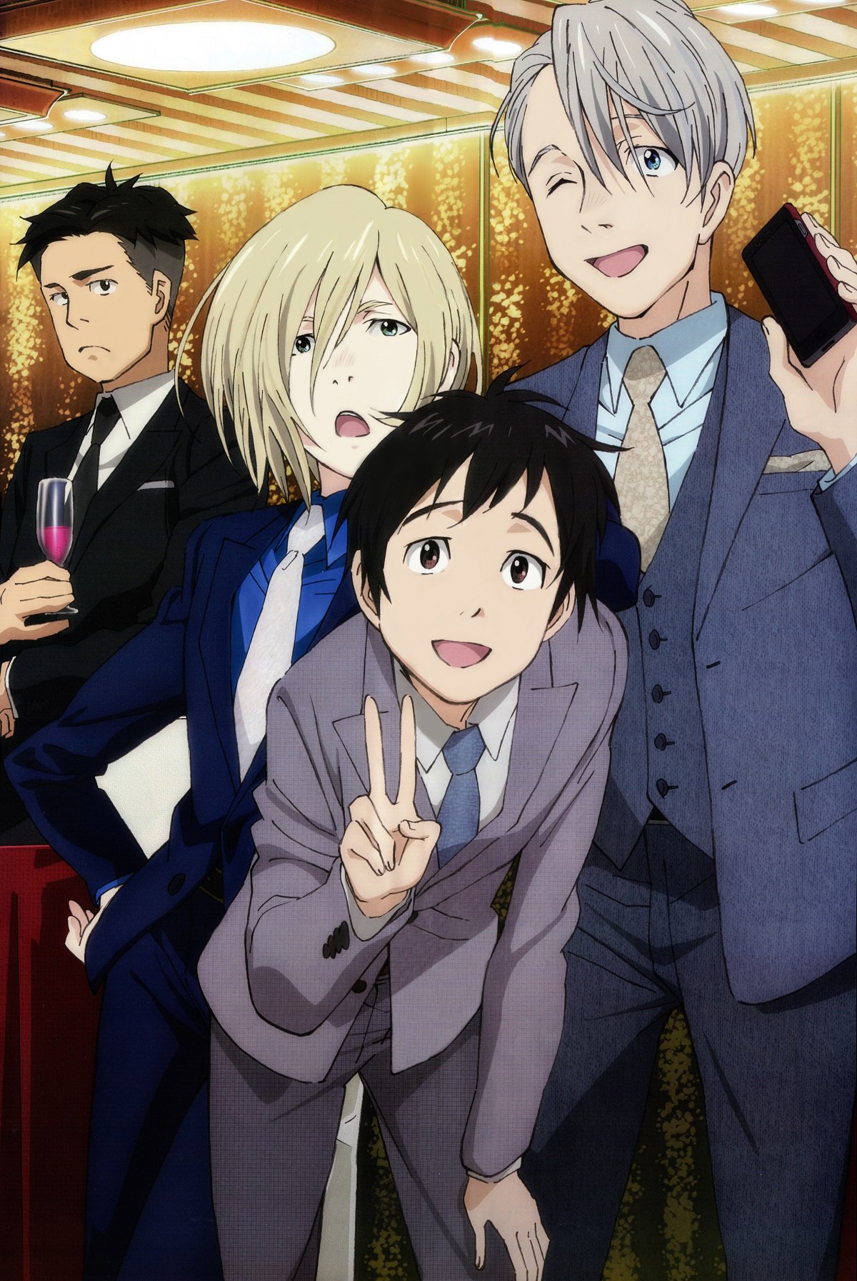4boys, alcohol, black_hair, blonde_hair, blue_eyes, brown_eyes, cellphone, cup