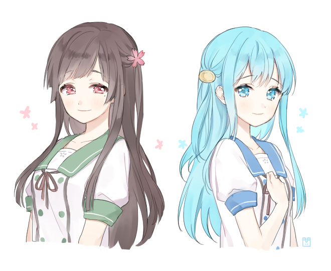 2girls, blue_eyes, blue_hair, blush, brown_hair, collarbone, double-breasted, ensemble_girls!, hair_between_eyes, hair_ornament, hairclip, hand_on_own_chest, hassaku_tsuyuri, long_hair, marin_(myuy_3), mikage_kazumi, mole, mole_under_eye, multiple_girls, ribbon, school_uniform, short_sleeves, smile, upper_body, white_background