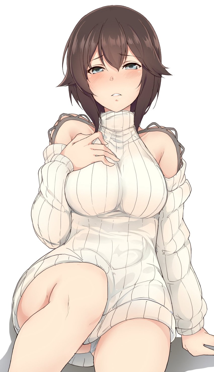 1girl, absurdres, blue_eyes, blush, breasts, brown_hair, detached_sleeves, hayasui_(kantai_collection)