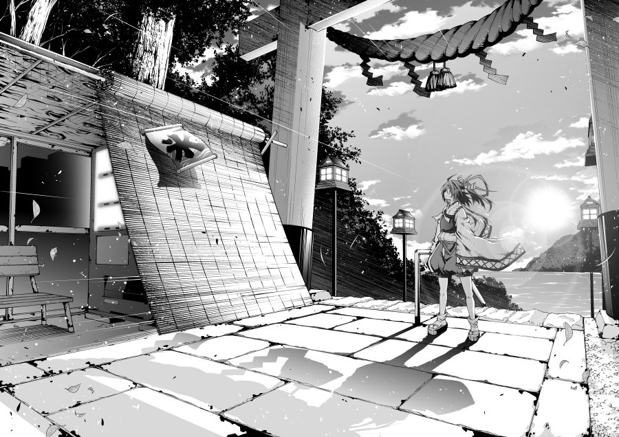 1girl, akaneharu_ohkami, bench, blinds, clouds, geta, greyscale, hachimaki