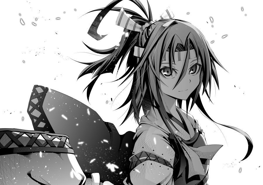1girl, akaneharu_ohkami, greyscale, hachimaki, hair_between_eyes, hair_ribbon, headband, high_ponytail