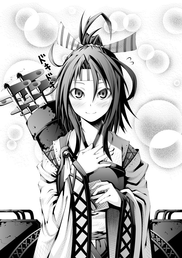 1girl, aircraft, airplane, akaneharu_ohkami, arrow, blush, flying_sweatdrops, greyscale