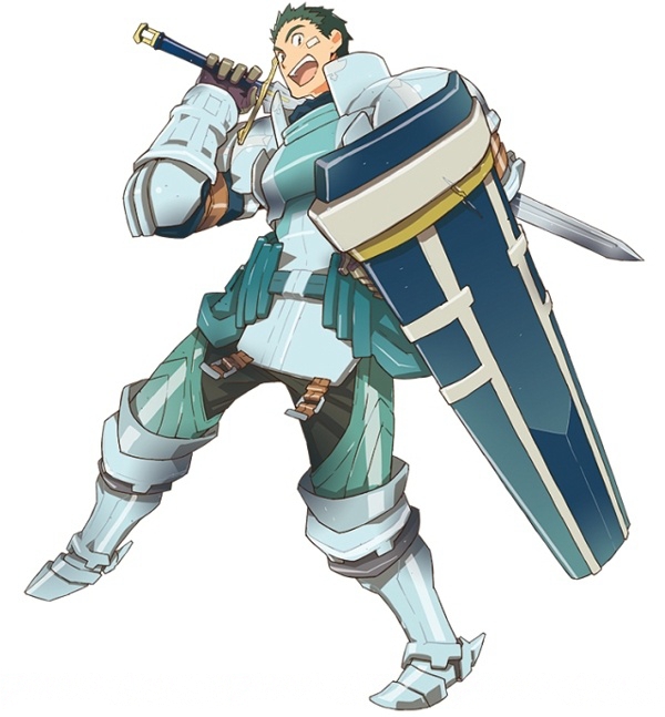 1boy, armor, armored_boots, boots, brown_gloves, full_armor, gloves, green_hair, hara_kazuhiro, holding, holding_shield, holding_sword, holding_weapon, log_horizon, naotsugu_(log_horizon), official_art, open_mouth, shield, short_hair, simple_background, solo, spaulders, sword, very_short_hair, weapon, white_background