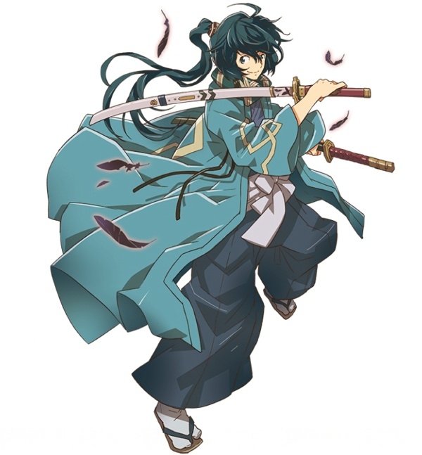 1boy, black_feathers, black_hair, brown_eyes, dual_wielding, full_body, geta, grey_legwear