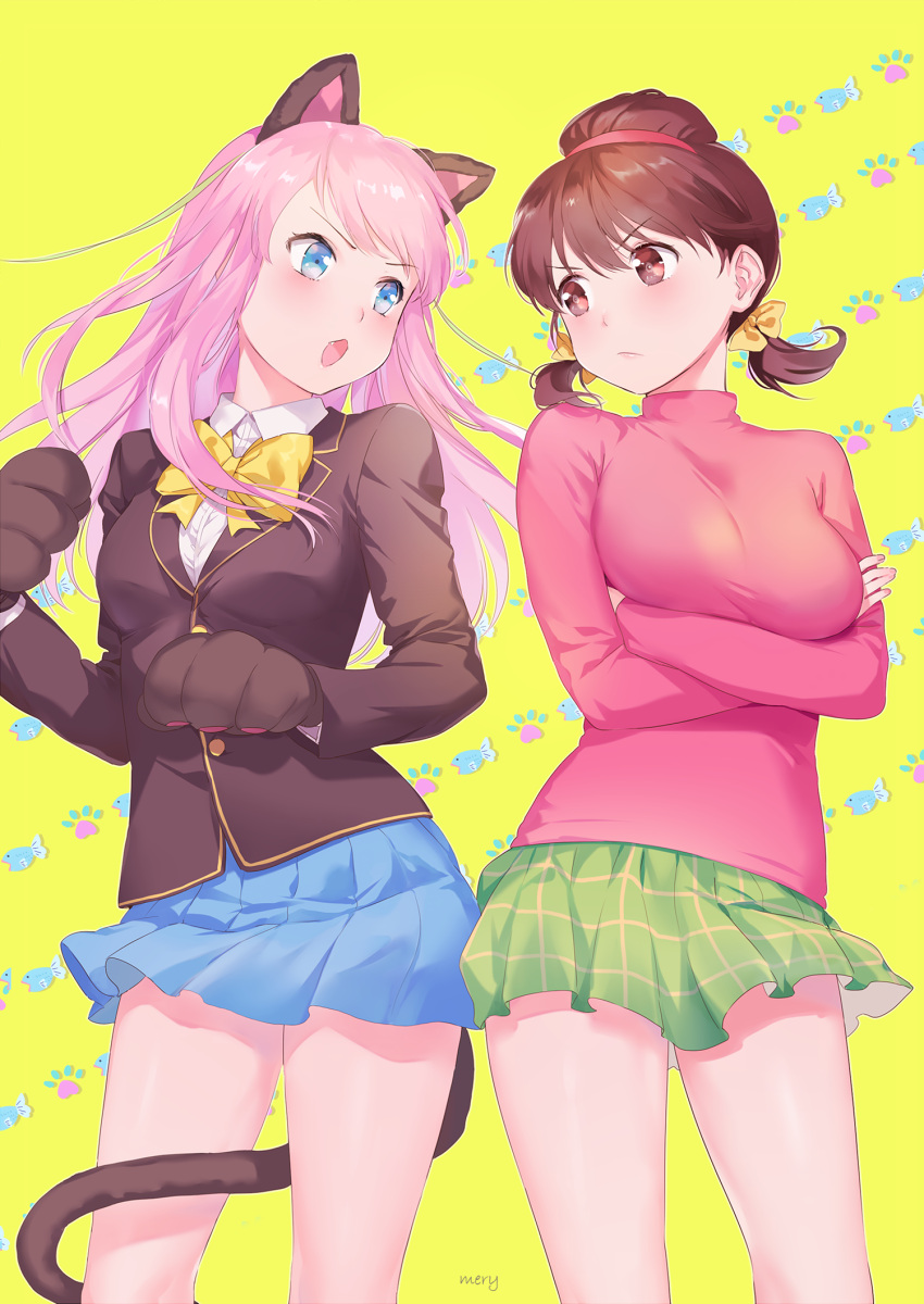 >:(, >:o, 2girls, :o, animal_ears, artist_name, bangs, between_legs