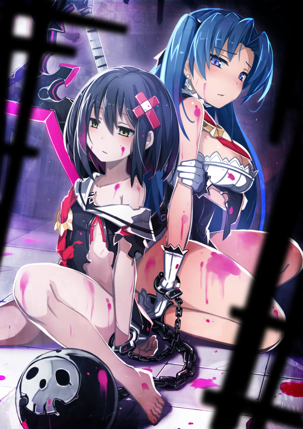 2girls, alice_(mary_skelter), barefoot, black_hair, blue_eyes, blue_hair, breasts, chains
