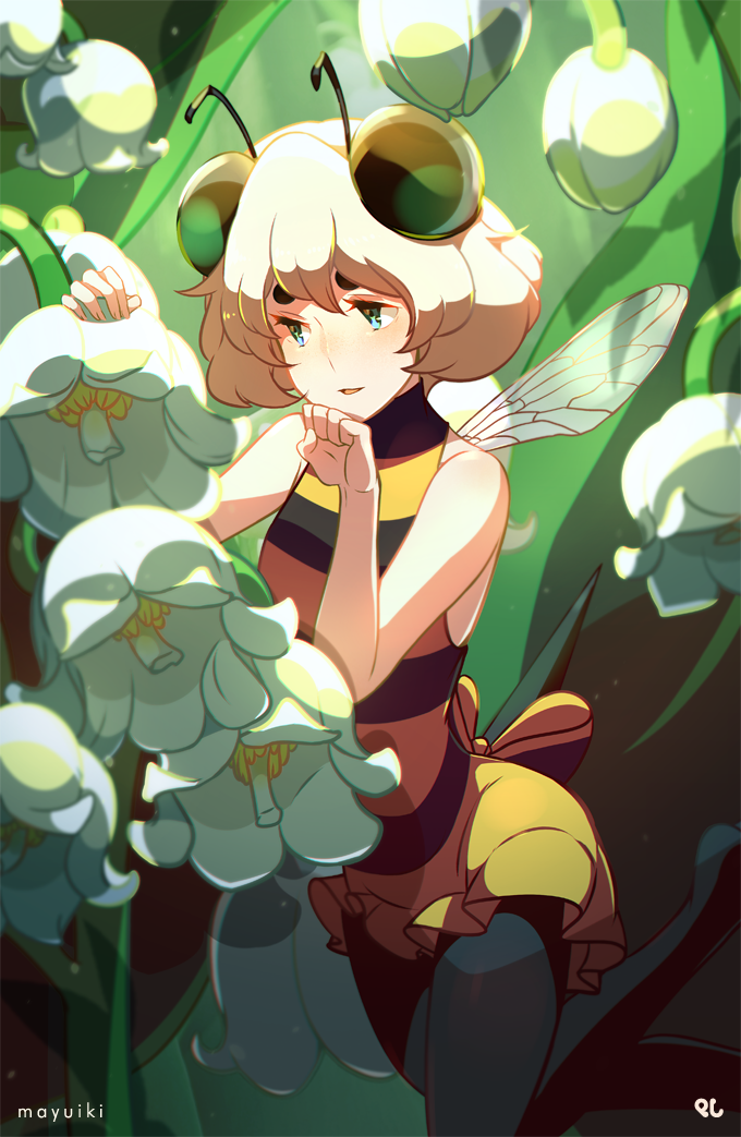 1girl, antennae, artist_name, bangs, bare_shoulders, bee_girl, black_legwear, blonde_hair