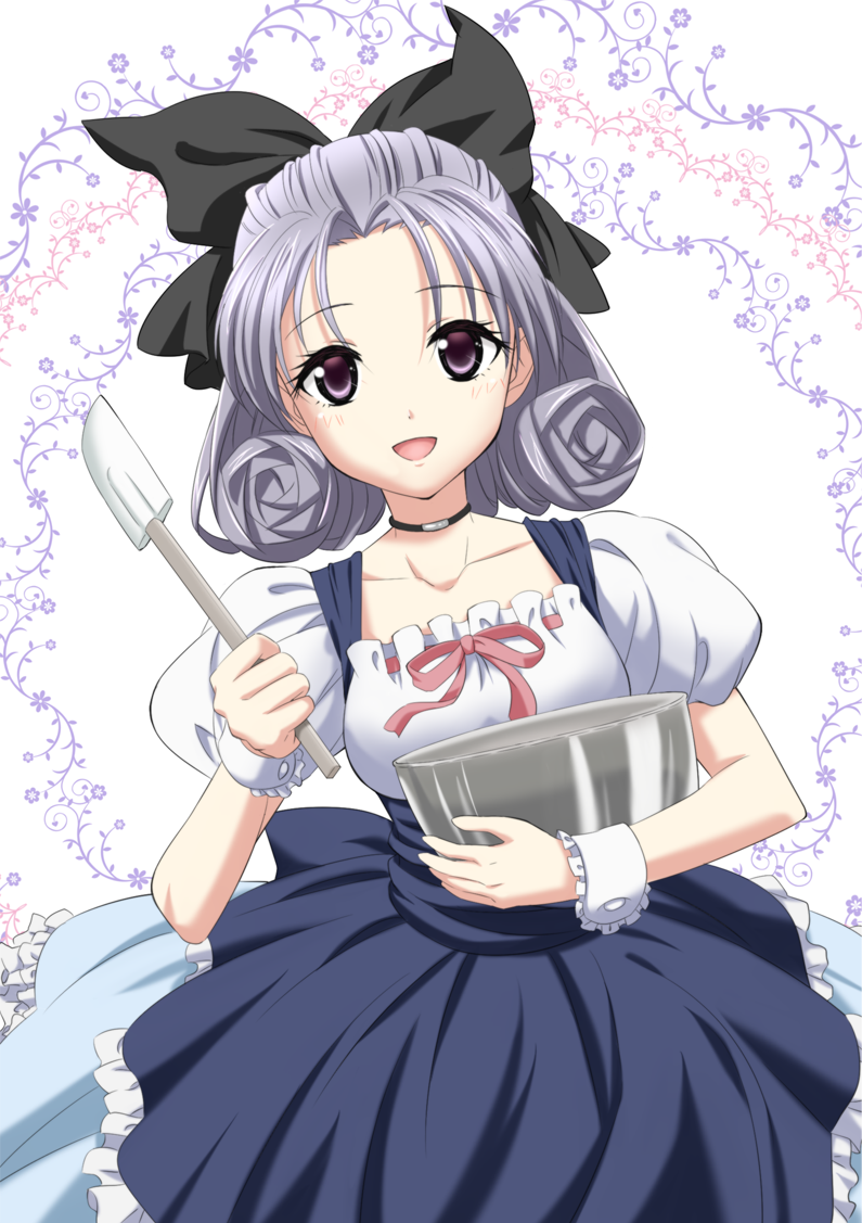 1girl, :d, black_choker, bow, curly_hair, dress, floral_background, frilled_skirt