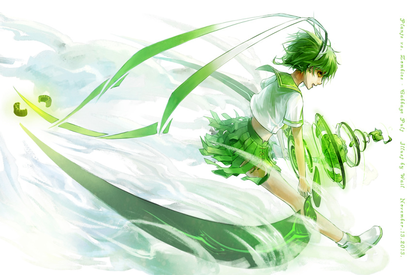1girl, 2013, antennae, artist_name, back, cabbage, cabbage-pult, character_name, copyright_name, dated, green_hair, hairband, long_hair, open_mouth, personification, plants_vs_zombies, school_uniform, serafuku, short_hair, solo, wail_(wailwind), white_background, yellow_eyes