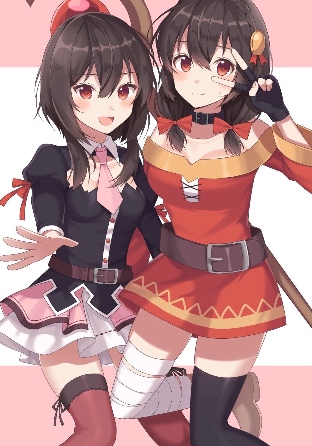 2girls, :), :d, ankle_boots, bandage, bandaged_leg, belt, belt_buckle