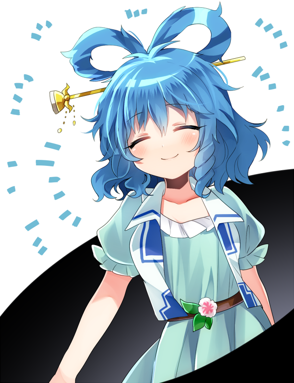 1girl, ^_^, bangs, belt, blue_dress, blue_hair, blush, breasts, closed_eyes, closed_mouth, collarbone, dress, flower, fukurahagi_uomaru, hair_ornament, hair_rings, hair_stick, kaku_seiga, looking_at_viewer, open_clothes, open_vest, puffy_short_sleeves, puffy_sleeves, ringlets, short_sleeves, smile, solo, touhou, vest