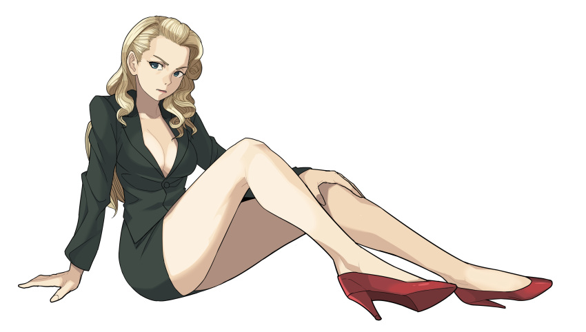 1girl, arm_support, baka_guruo, bare_legs, becchi_(runark), blonde_hair, blue_eyes, breasts