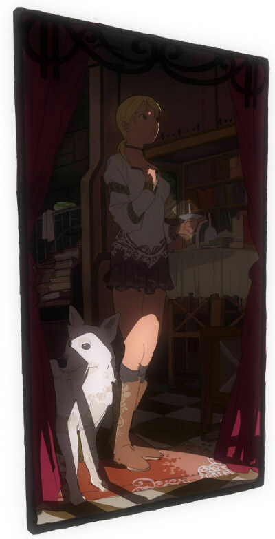 1girl, blonde_hair, blouse, book, boots, cage, candle, carpet