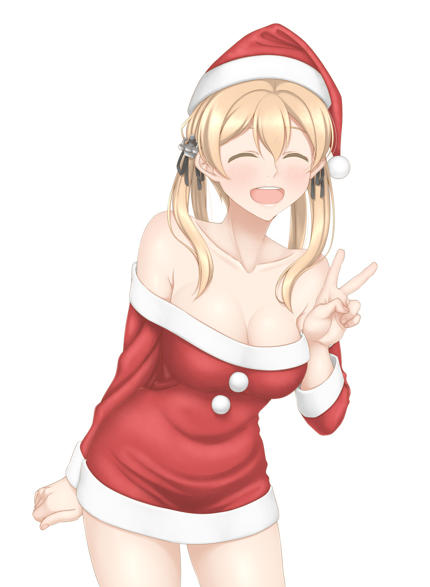 1girl, :d, ^_^, anchor_hair_ornament, bare_shoulders, breasts, christmas, cleavage