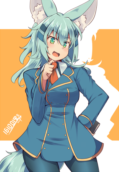 1girl, animal_ears, blue_eyes, blue_hair, fox_ears, fox_tail, isagomiya_mimi, kuromiya, long_hair, original, solo, tail