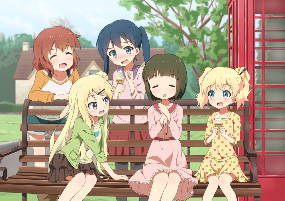 5girls, :d, air_0497, alice_cartelet, aqua_eyes, bangs, belt, bench