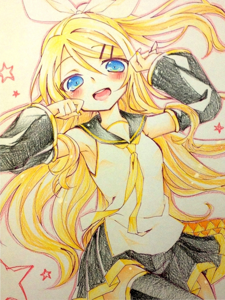 1girl, alternate_hair_length, alternate_hairstyle, amane_(amnk1213), armpits, black_legwear, blonde_hair, blue_eyes