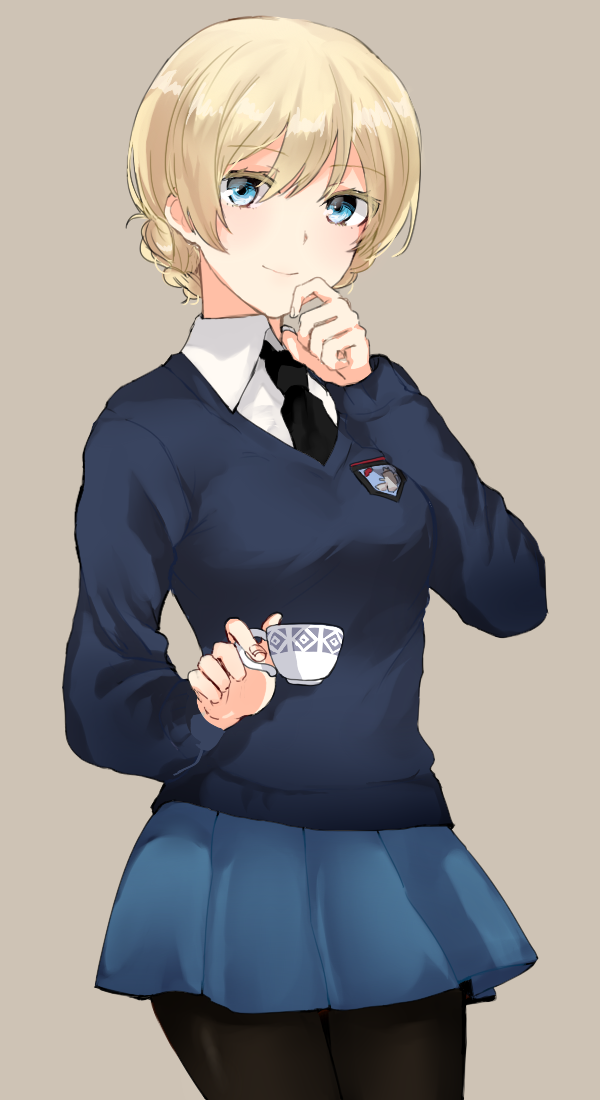1girl, bangs, black_legwear, black_necktie, blonde_hair, blue_eyes, blue_skirt, blue_sweater