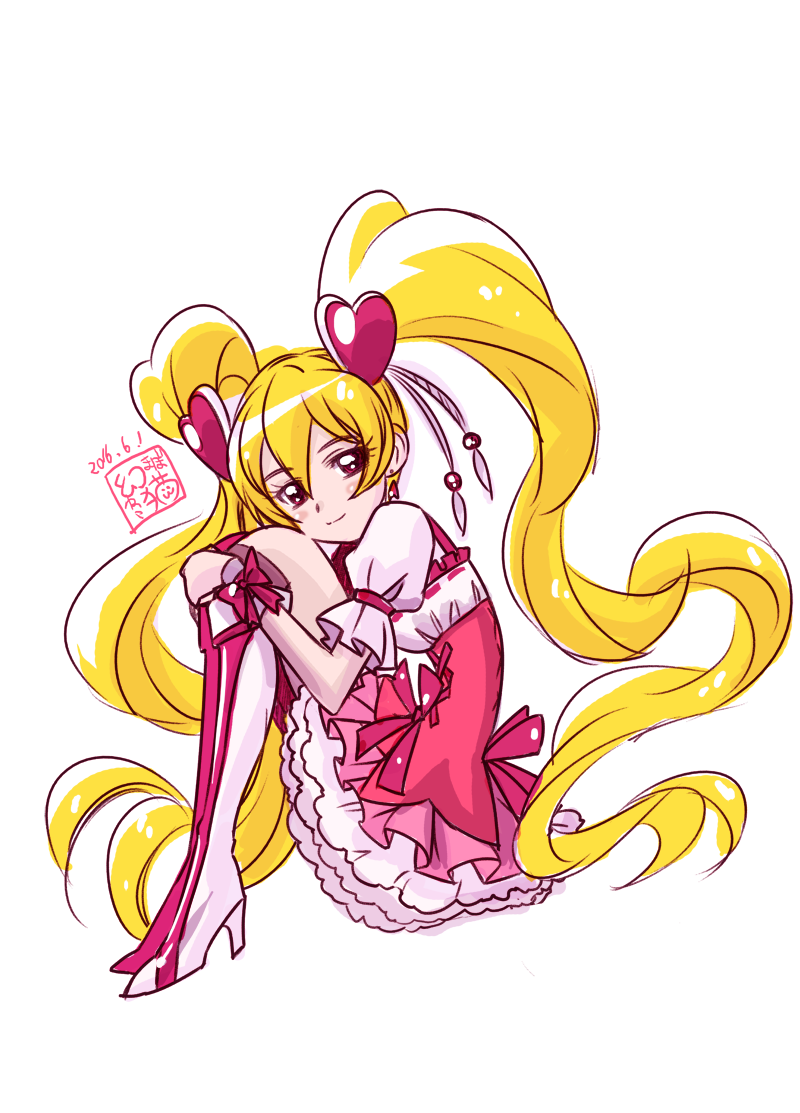 1girl, 2016, blonde_hair, boots, bow, closed_mouth, cure_peach, dated