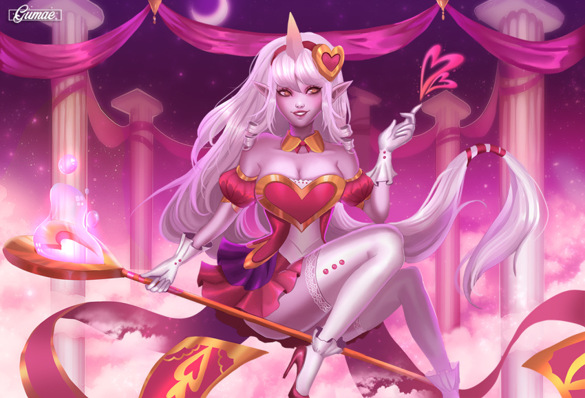 1girl, alternate_costume, blush, breasts, cleavage, crescent_moon, detached_collar, detached_sleeves