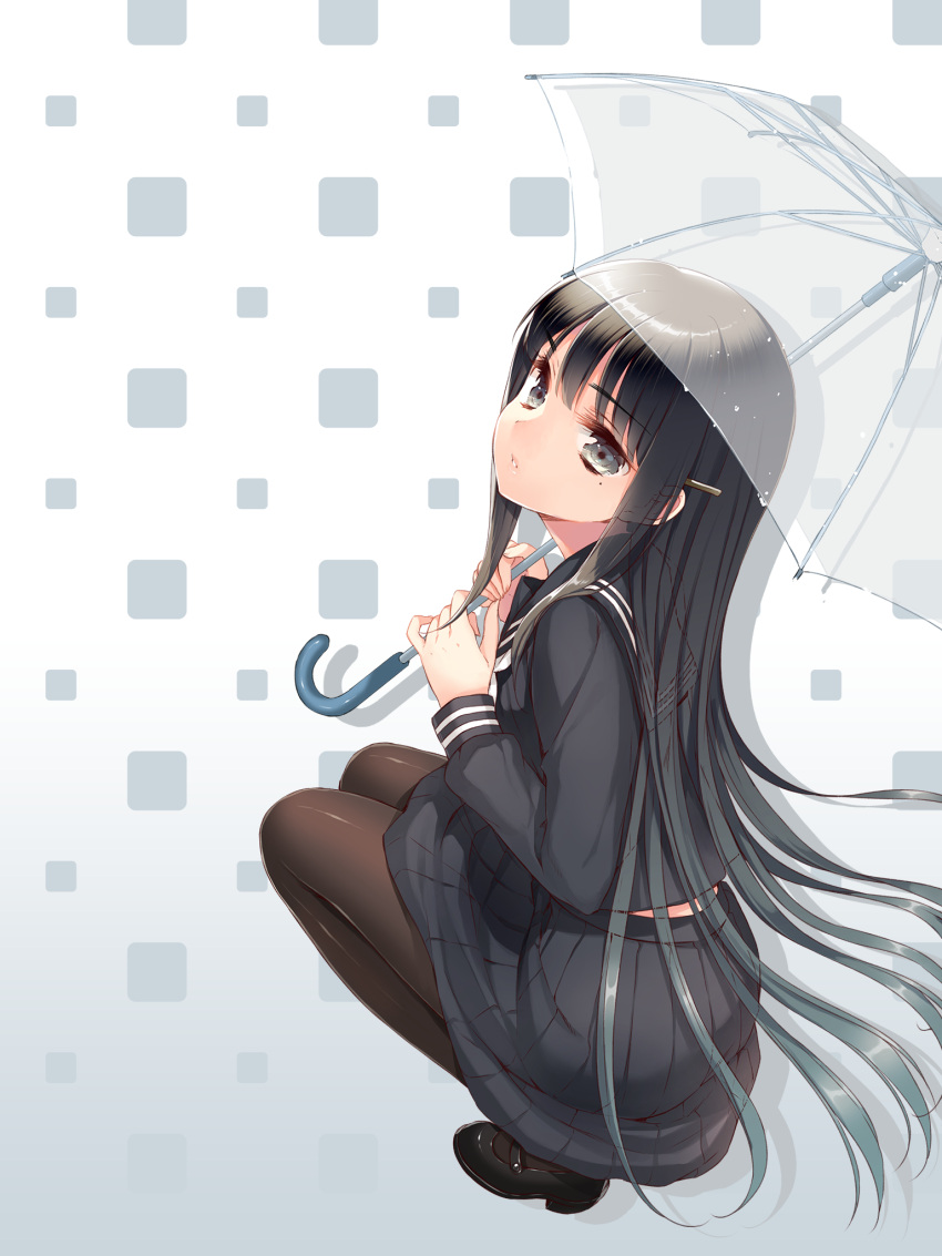 1girl, bangs, black_hair, black_serafuku, black_shirt, black_shoes, black_skirt, blue_hair