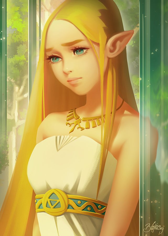 1girl, blonde_hair, dress, jewelry, lisa_buijteweg, necklace, pointy_ears, princess_zelda, solo, strapless, strapless_dress, the_legend_of_zelda, the_legend_of_zelda:_breath_of_the_wild, upper_body