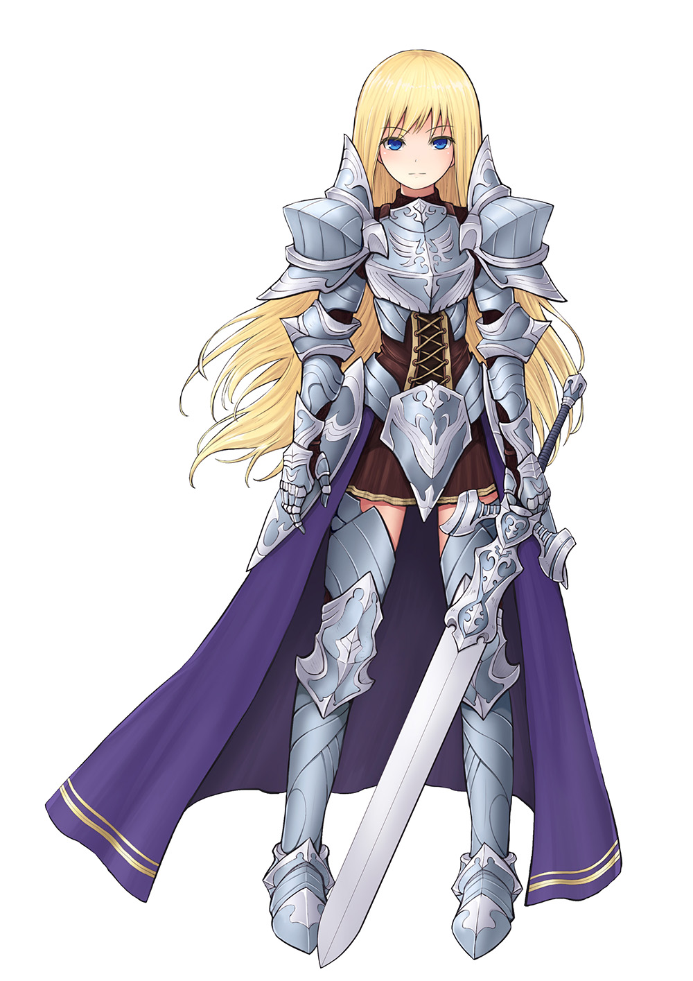 1girl, armor, armored_boots, blonde_hair, blue_eyes, boots, cape, corset