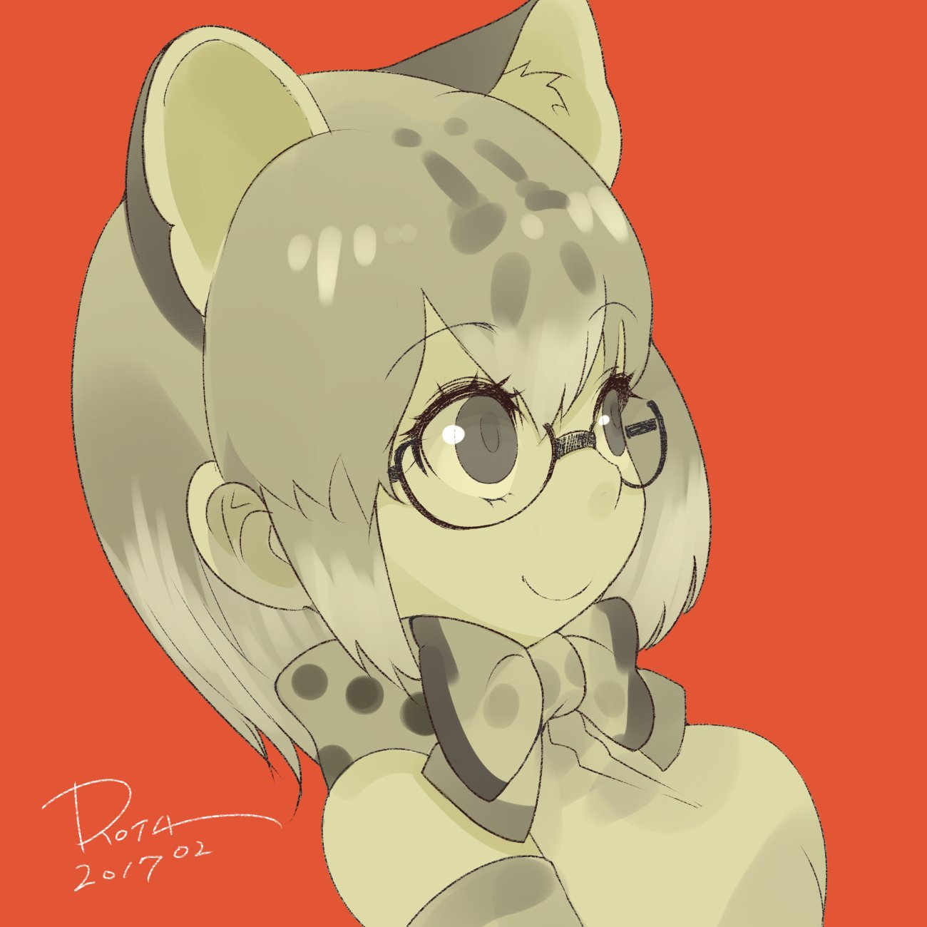 1girl, 2017, alternate_eyewear, animal_ears, bare_shoulders, bow, bowtie, cat_ears, commentary, dated, elbow_gloves, eyebrows_visible_through_hair, eyelashes, from_side, glasses, gloves, highres, hirotaka_(bitmap1022), kemono_friends, looking_away, margay_(kemono_friends), margay_ears, margay_print, multicolored_hair, portrait, red_background, sanpaku, semi-rimless_glasses, sepia, shirt, short_hair, signature, smile, solo, spot_color, tareme, under-rim_glasses