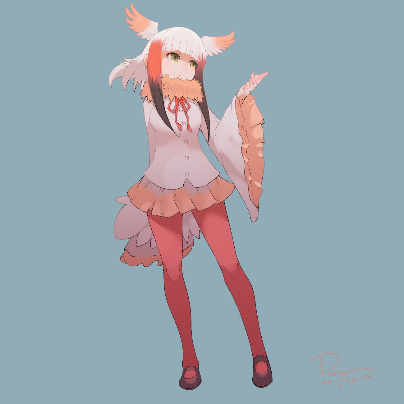 1girl, 2017, arm_behind_back, bangs, bird_tail, blunt_bangs, blush, collar, commentary_request, crested_ibis_(kemono_friends), dated, drawstring, eyelashes, frilled_sleeves, frills, full_body, fur_collar, gradient_hair, hand_up, head_wings, highres, hirotaka_(bitmap1022), kemono_friends, long_sleeves, looking_away, looking_up, mary_janes, multicolored_hair, no_nose, pantyhose, pink_skirt, pleated_skirt, red_legwear, redhead, shoes, short_hair, short_hair_with_long_locks, sidelocks, signature, simple_background, skirt, solo, standing, tail, two-tone_hair, white_background, white_hair, wide_sleeves, wings, yellow_eyes