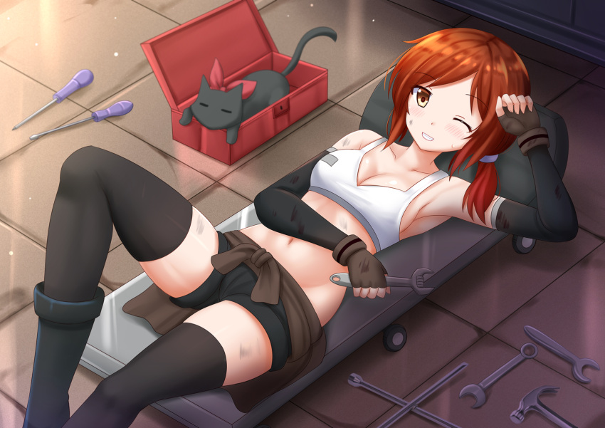 1girl, ;d, =_=, arm_up, armpits, bare_shoulders, black_gloves, black_legwear