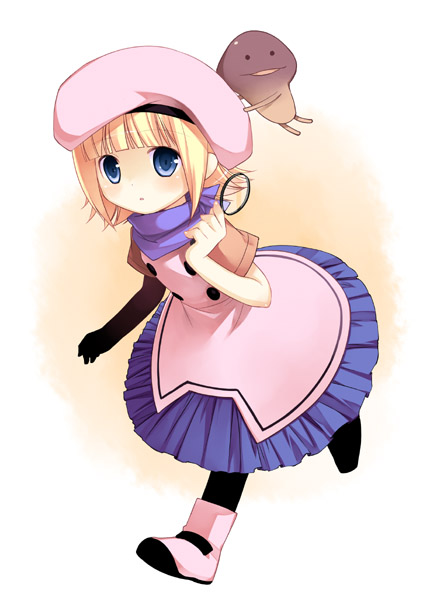 beret, blonde_hair, blue_eyes, boots, dress, frills, frilly, funghi