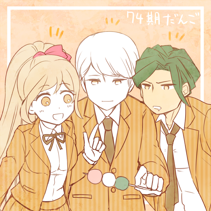 1girl, 2boys, blonde_hair, dangan_ronpa, dangan_ronpa_3, drooling, food, green_hair