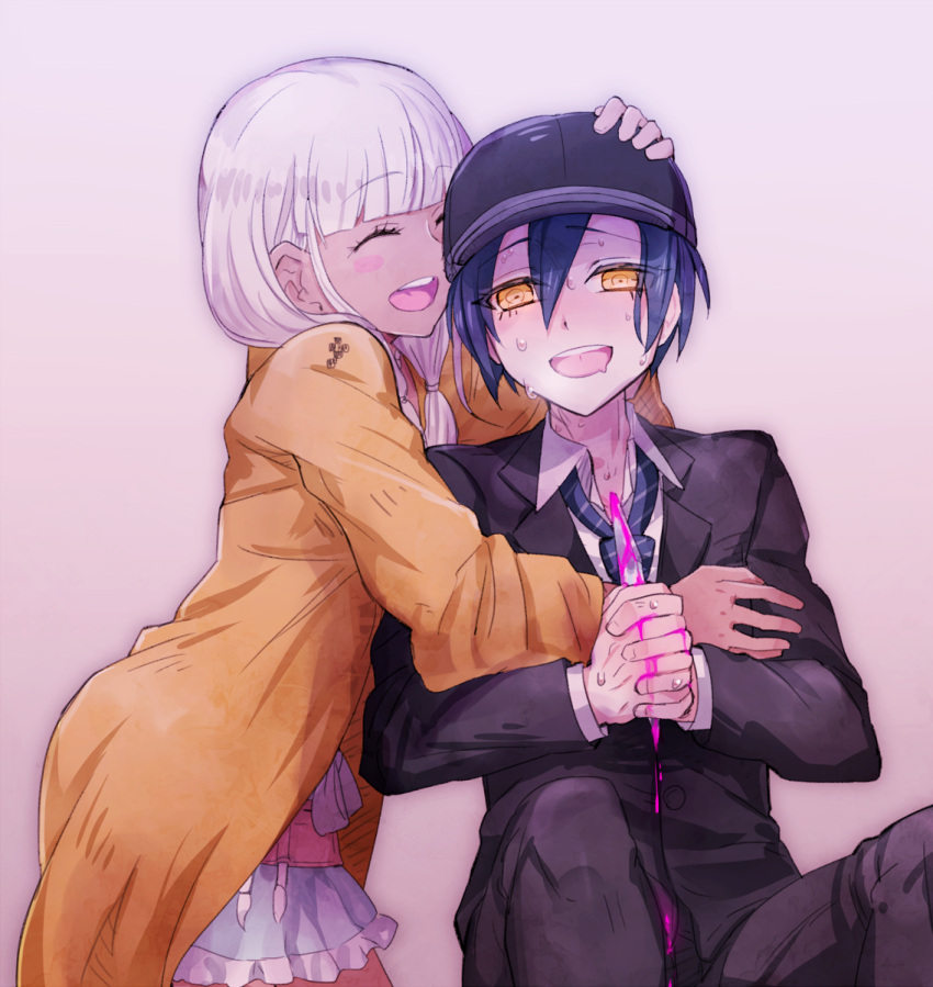 1boy, 1girl, bangs, blood, blue_hair, blush_stickers, closed_eyes, danganronpa_(series), danganronpa_v3:_killing_harmony, dark_skin, dress, drooling, eyes_visible_through_hair, formal, gradient, gradient_background, hat, highres, holding, holding_knife, knife, necktie, new_dangan_ronpa_v3, open_mouth, saihara_shuichi, smile, suit, sumimoto_ryuu, sweat, twintails, white_hair, yellow_eyes, yonaga_angie