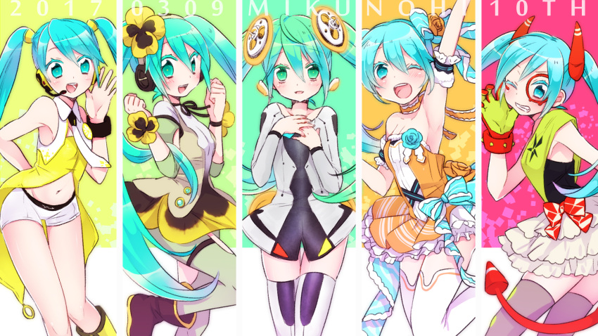 1girl, 2017, aqua_eyes, aqua_hair, arm_up, armpits, azurite0012, column_lineup
