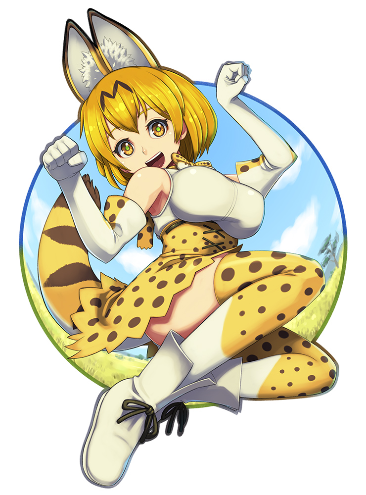 1girl, animal_ears, animal_print, bare_shoulders, blonde_hair, blue_sky, boots, bow
