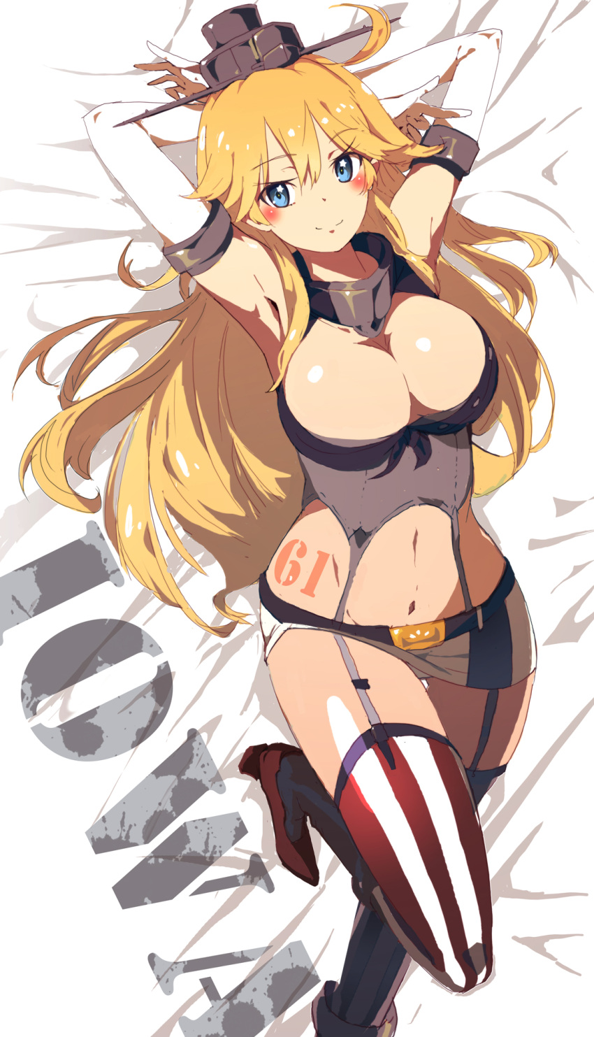1girl, blonde_hair, blue_eyes, breasts, character_name, cleavage, elbow_gloves, fingerless_gloves