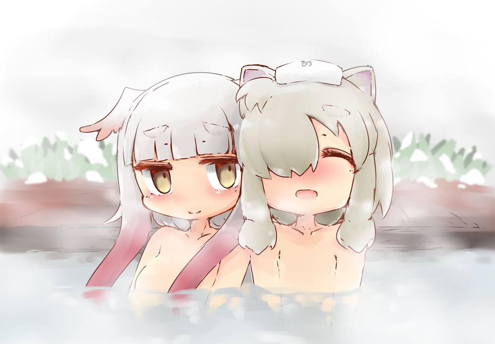 2girls, alpaca_ears, alpaca_suri, animal_ears, blush, crested_ibis_(kemono_friends), hair_over_one_eye, kemono_friends