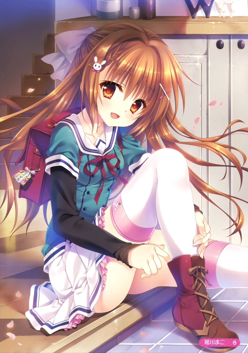 1girl, absurdres, bag, breasts, brown_eyes, brown_hair, bunny_hair_ornament, cherry_blossoms