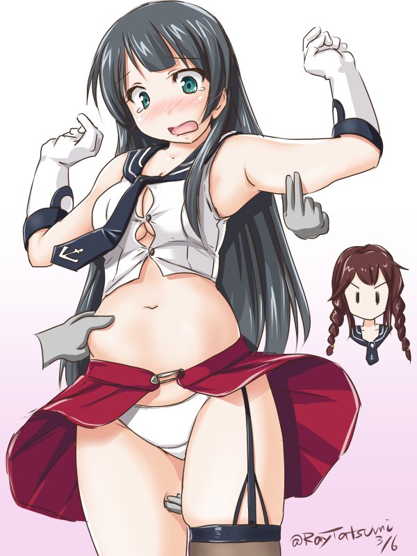 agano_(kantai_collection), black_hair, braid, brown_hair, gloves, green_eyes, kantai_collection, noshiro_(kantai_collection)