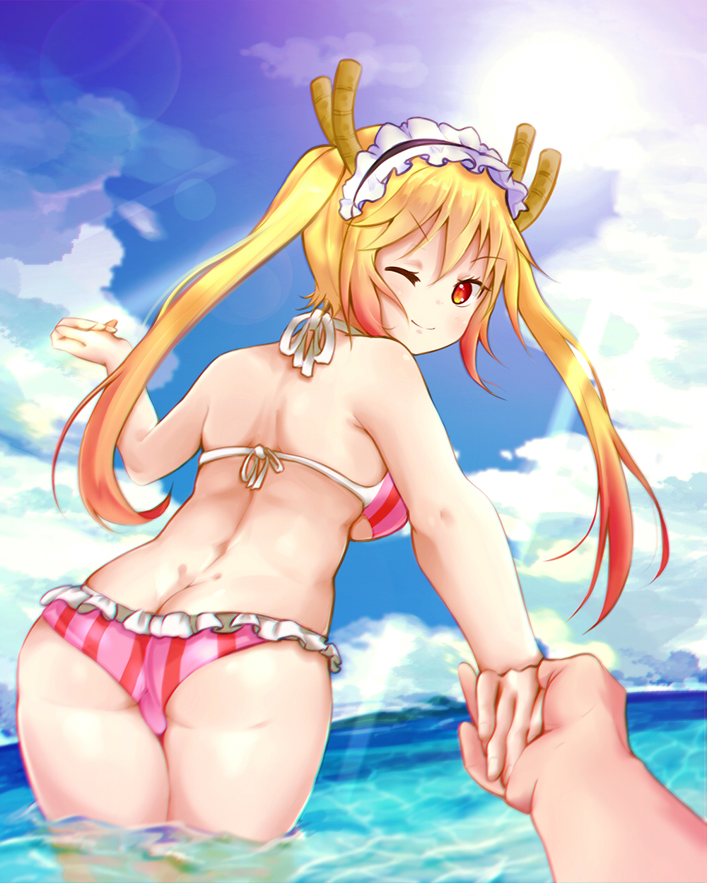 >;), 2girls, ass, back, bikini, blue_sky, clouds, cloudy_sky, commentary_request, dragon_girl, from_behind, hand_holding, highres, ibukikun, kanna_kamui, kobayashi-san_chi_no_maidragon, maid_headdress, multiple_girls, ocean, partially_submerged, pink_bikini, pov, sky, striped, striped_bikini, swimsuit, tooru_(maidragon), twintails